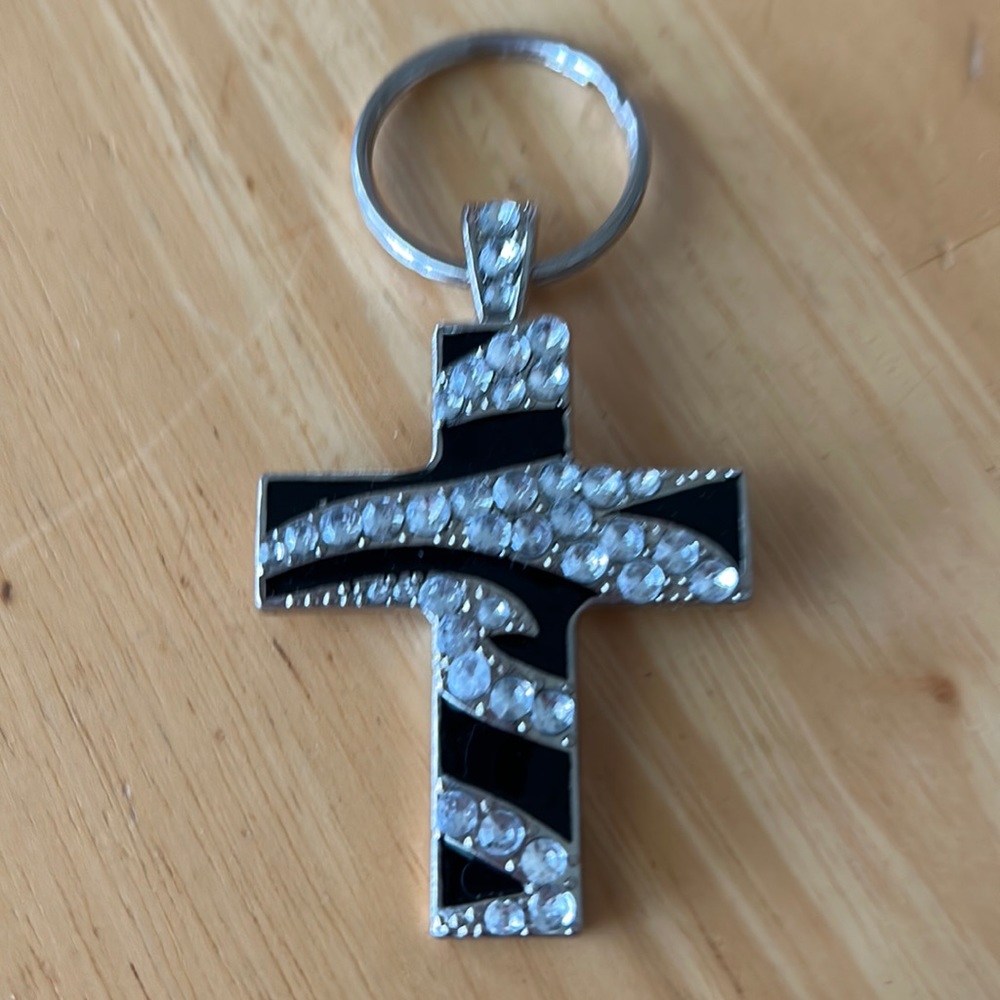 Cross Key Chain, Black and Silver with Cubic Zirconia